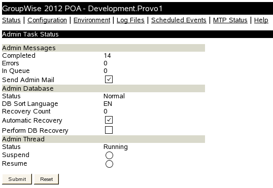 POA Web Console with the Admin Task Status Page Displayed