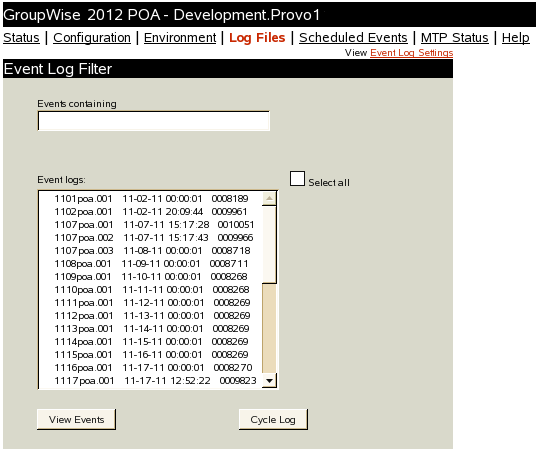 POA Web Console with the Log Files Page Displayed