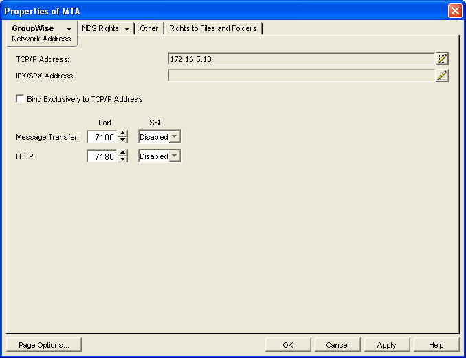 Message Transfer Agent Network Address Property Page in ConsoleOne