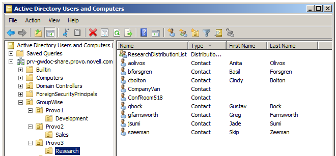 GroupWise users, distribution lists, and groups shown in Active Directory Users and Computers