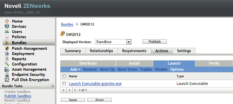 Launch tab of the GroupWise Buncles page with grpwise.exe listed