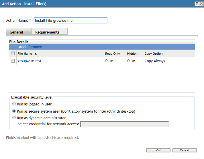 Install File(s) dialog box with the groupwise.mst file listed