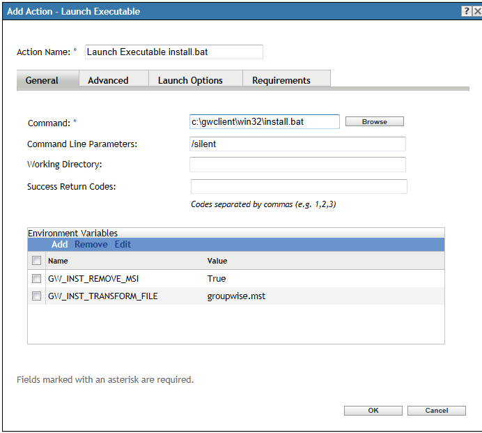Launch Executable dialog box with environment varieables listed