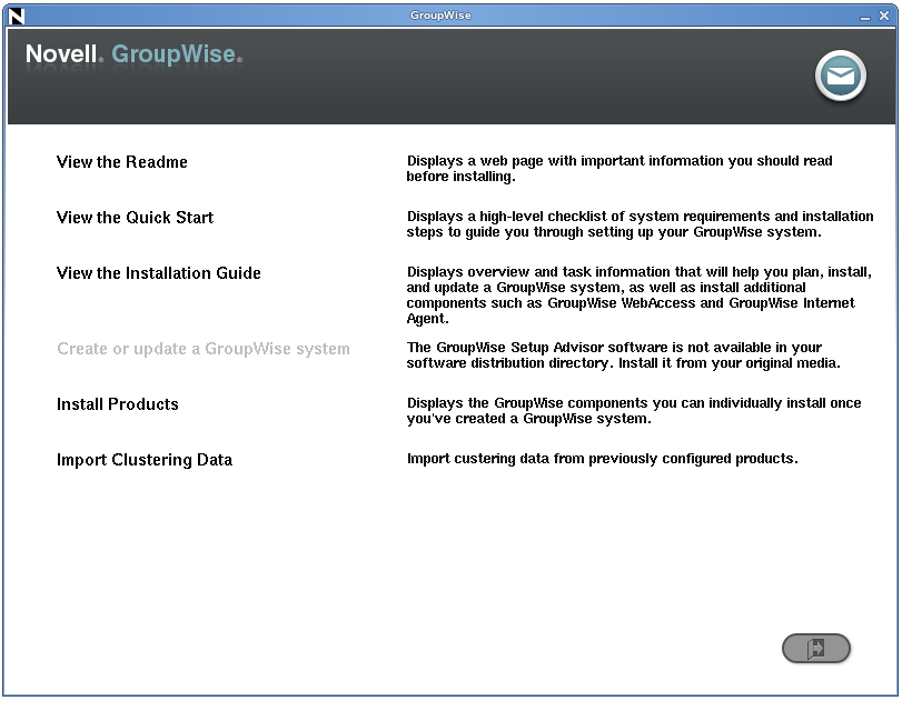 GroupWise Installation program main page