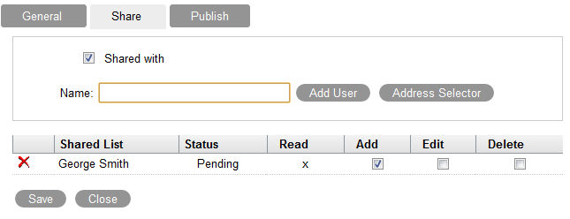 Share calendar dialog box