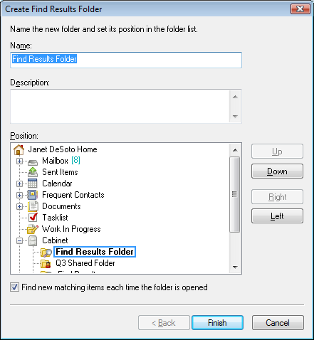 Create Find Results Folder dialog box