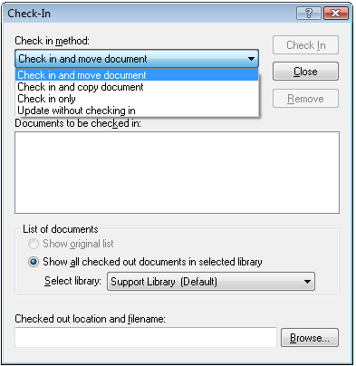 Check-In dialog box with Check In and Move Document selected on the drop-down list