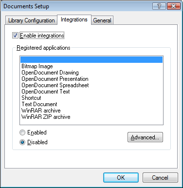 Documents Setup dialog box with the Integrations tab open