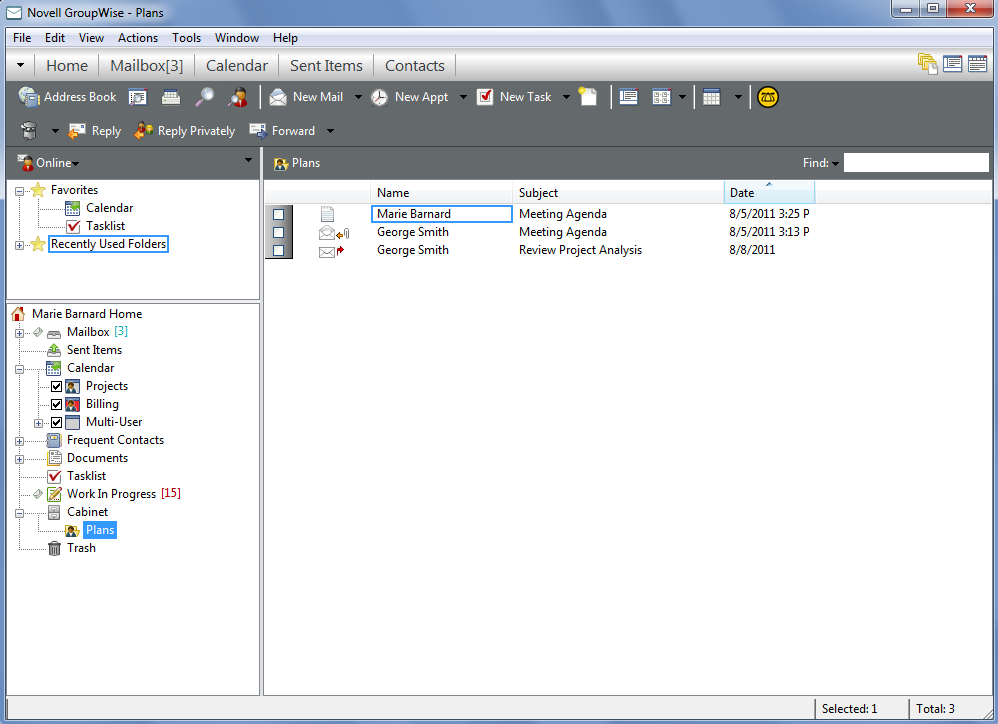 Mailbox folder showing Tasklist items