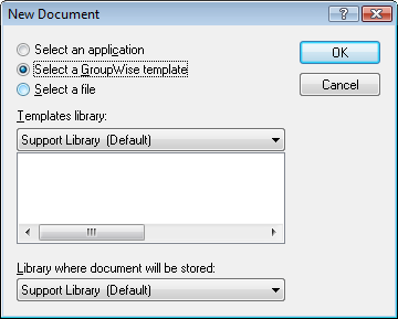 New Document dialog box with the Select a GroupWise Template option enabled