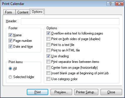 Print Calendar dialog box with the Options tab open