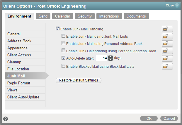 Environment Options dialog box -- Junk Mail tab