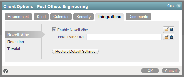 Integrations Options dialog box -- Novell Vibe tab