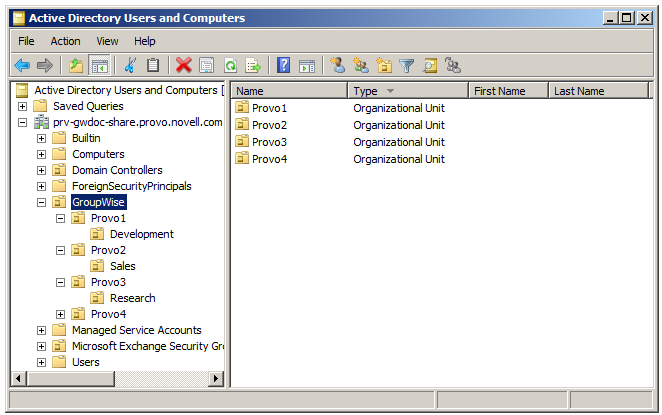Folders for GroupWise users in Active Directory Users and Computers