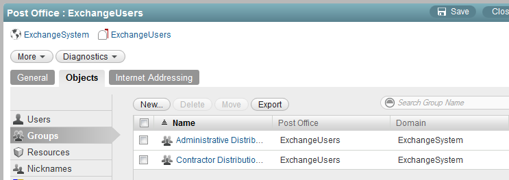 List of Exchange distribution groups in the GroupWise Admin console