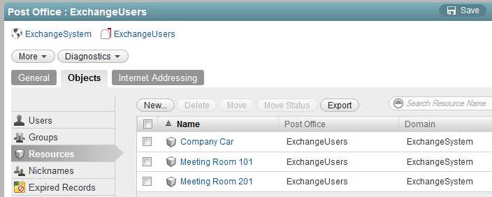 List of Exchange resources in the GroupWise Admin console