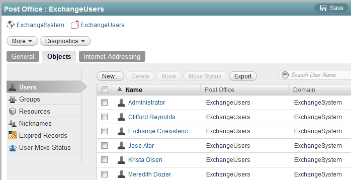 List of Exchange users in the GroupWise Admin console