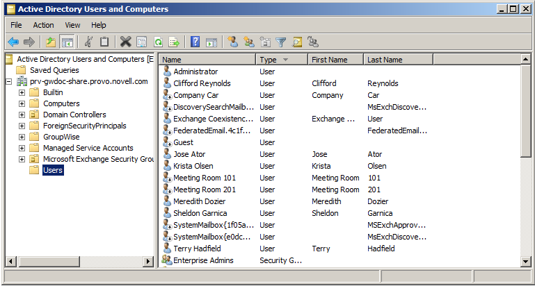 User list in Active Directory Users and Computers