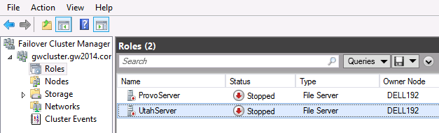 Failover Cluster Manager with Cluster Role highlighted