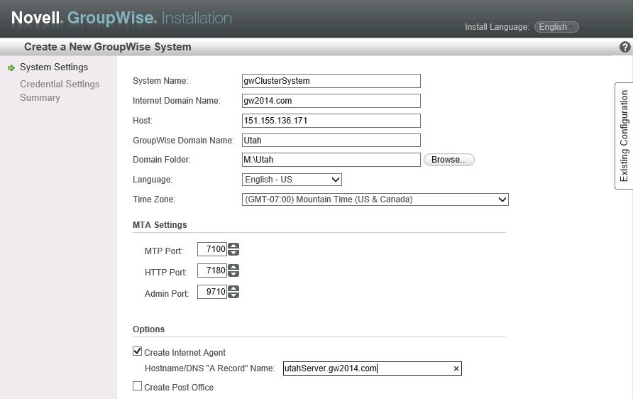 GroupWise Installation console for creating a new GroupWise system