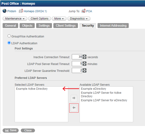 Post Office object Security tab