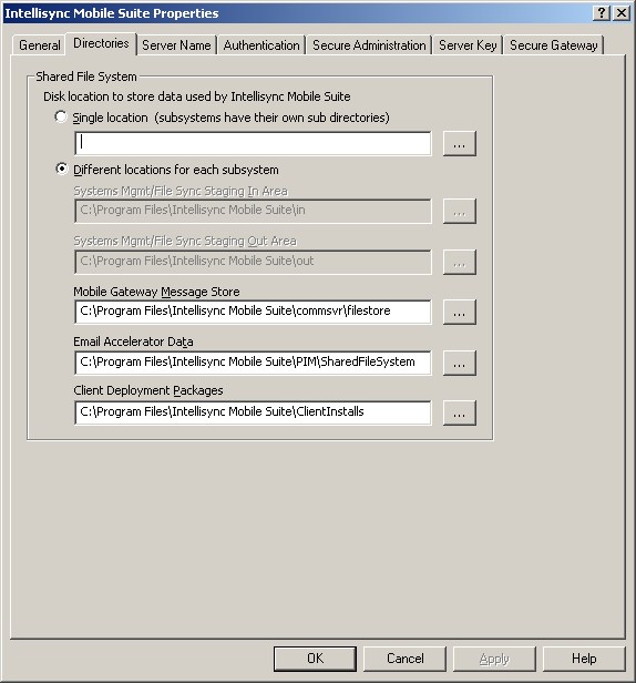 Intellisync Mobile Suite Properties Directories dialog box