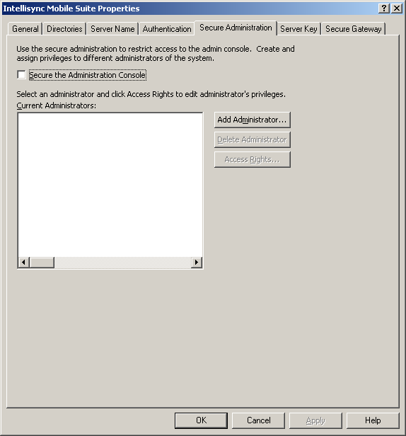 Intellisync Mobile Suite Properties Secure Administration dialog box