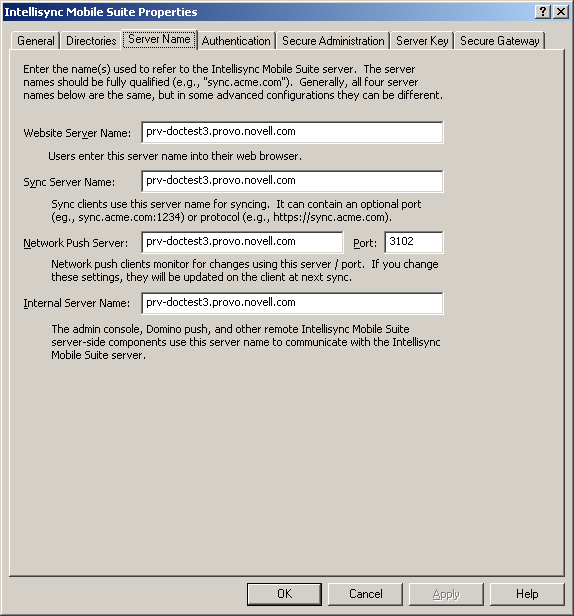 Intellisync Mobile Suite Properties Server Name dialog box