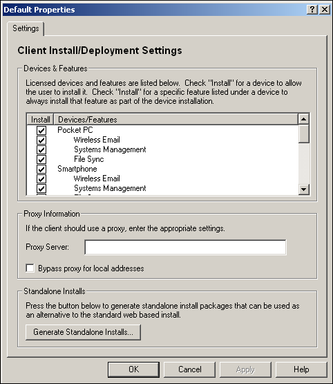 Client Install/Deployment Settings dialog box