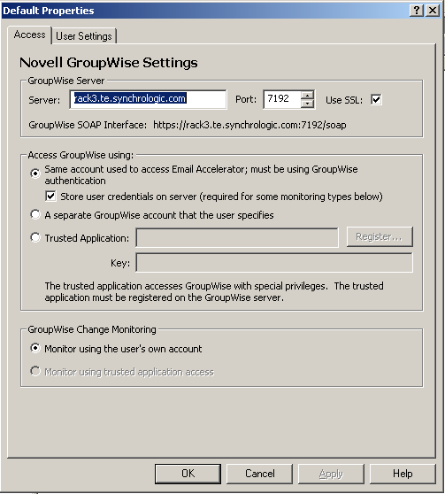 Novell GroupWise Access Settings dialog box