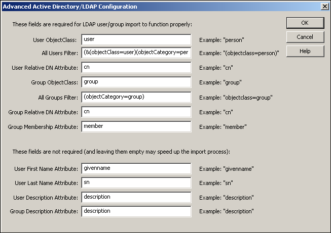 Advanced LDAP Configuration dialog box