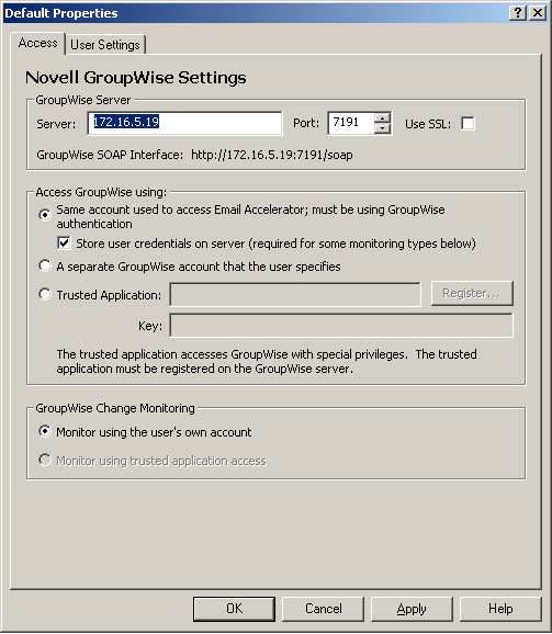 Novell GroupWise Settings Access page