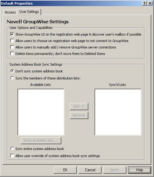 Novell GroupWise Settings User Settings page