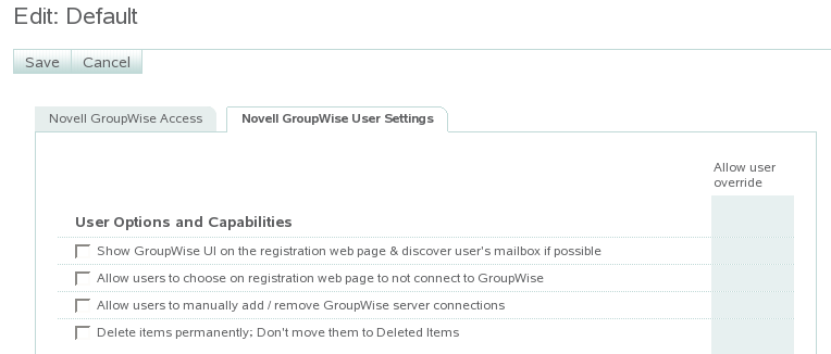 Novell GroupWise User Settings page