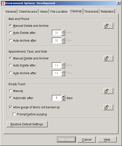 Environment Options dialog box with the Cleanup tab open