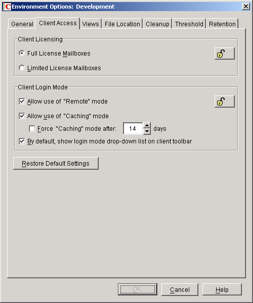 Environment Options dialog box with the Client Access tab open