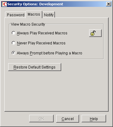 Security Options dialog box with the Macros tab open