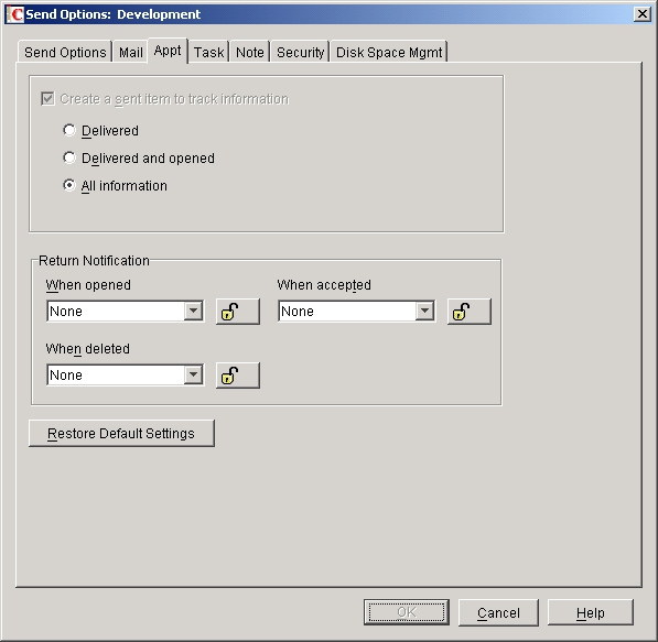 Send Options dialog box with the Appt tab open