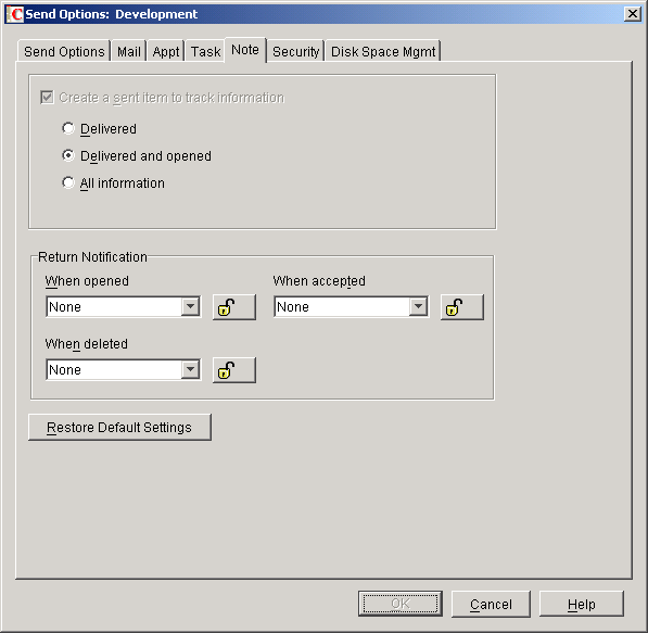 Send Options dialog box with the Notes tab open