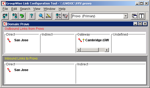 Link Configuration utility with the Cambridge domain listed in the Gateway column