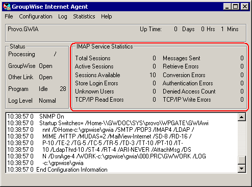 IMAP Service Statistics section of the Internet Agent console