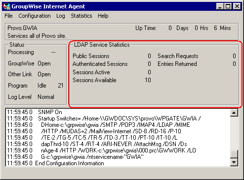 LDAP Service Statistics section of the Internet Agent console