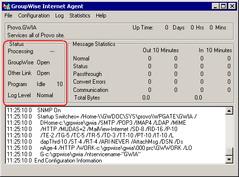 Status section of the Internet Agent console