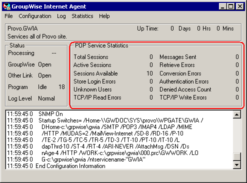 POP Service Statistics section of the Internet Agent console