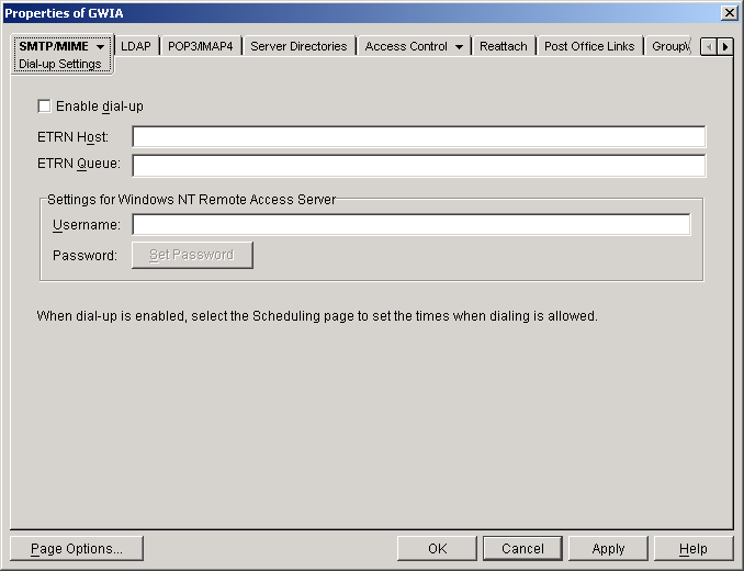 SMTP/MIME Dial-Up Settings page
