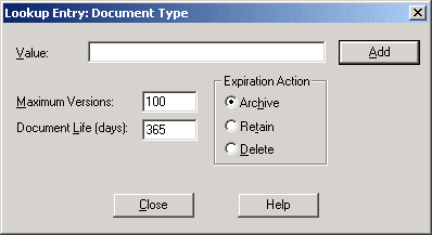 Lookup Entry: Document Type dialog box