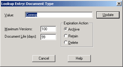 Lookup Entry: Document Type dialog box with the new value entered
