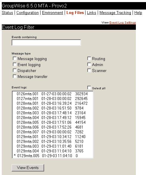MTA Web console with the Event Log Filter page displayed
