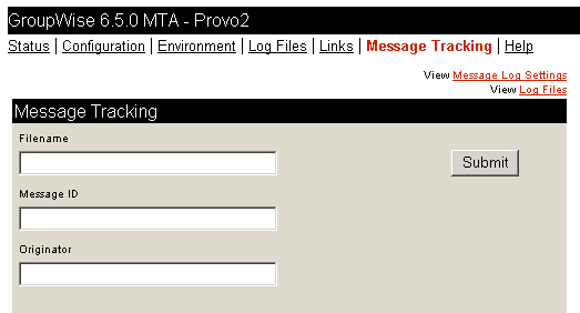 MTA Web console with the Message Tracking page displayed