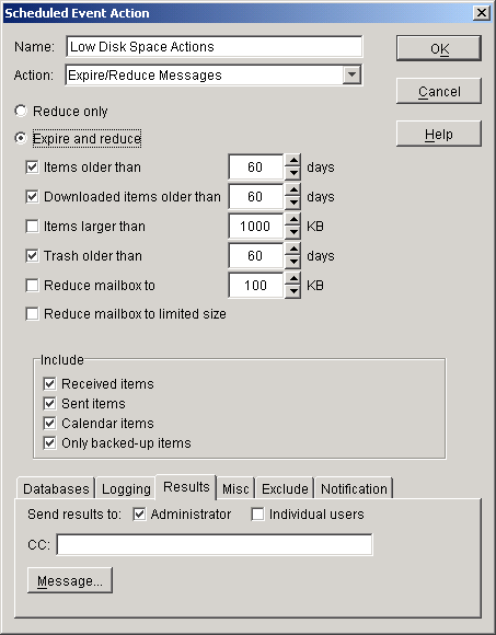 Scheduled Event Action dialog box